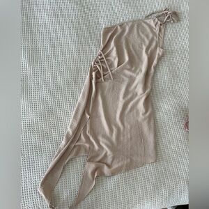 Medium nude asymmetrical beige sexy string one shoulder summer casual dress